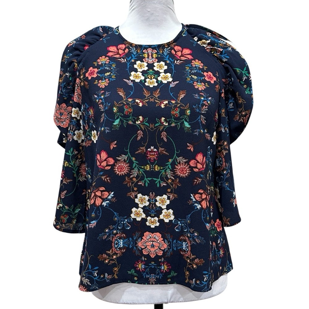Haute Monde Floral Ruffle Cold Shoulder Blouse Crepe Bold Colors Navy Blue - Picture 1 of 11